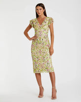 Beige Floral Embellished Flutter Cap Sleeve Dress